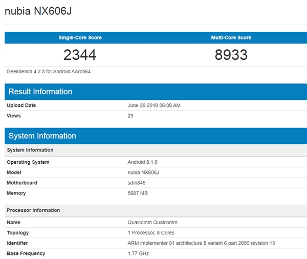 努比亚无边框新机现身GeekBench：搭载骁龙845
