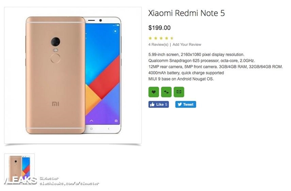 红米Note5现身海外购物站：骁龙625+全面屏、1300元