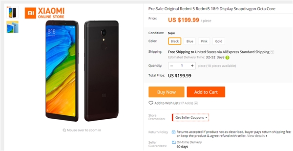 红米5/5 Plus现身海外电商AliExpress：1300元起