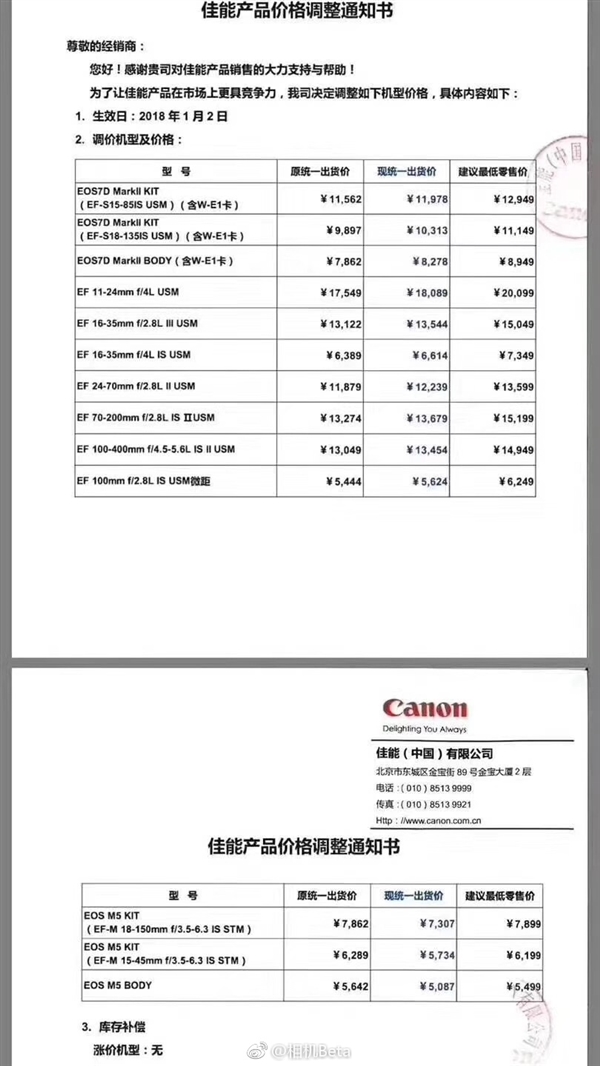 佳能相机正式涨价：7D Mark II及镜头涨400元