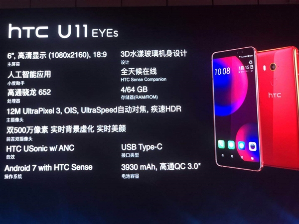 2999元！HTC U11 EYEs发布：前置双摄/人脸识别