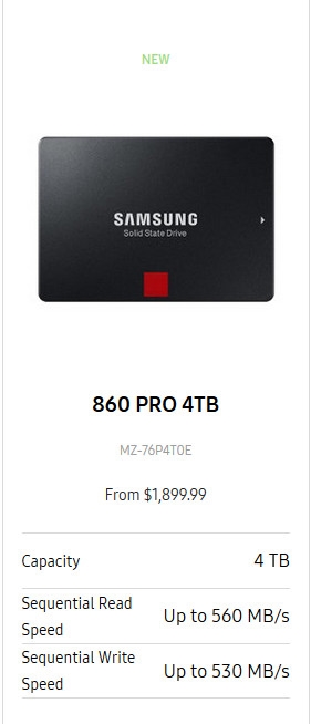 <a href='https://www.samsung.com/cn/' target='_blank'><u>三星</u></a>860 PRO固态盘现身官网：4TB SATA3卖1.2万