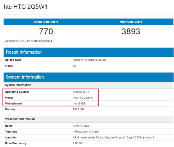 定位中端的HTC新机现身GeekBench：骁龙625/3G内存
