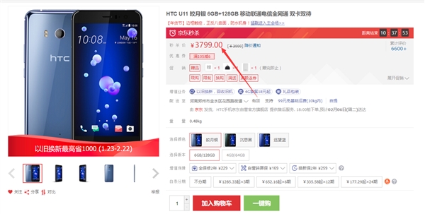 HTC U11顶配版优惠350元：到手价3649元