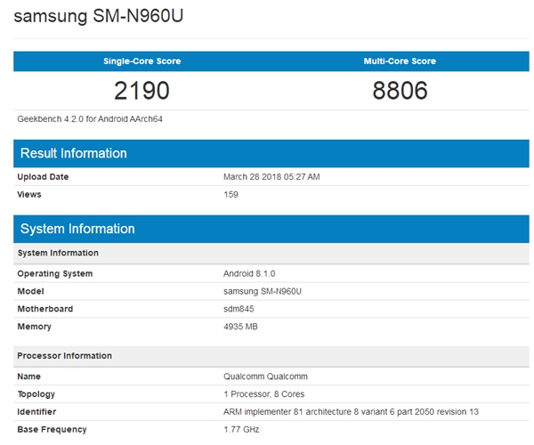 骁龙845+安卓8.1：<a href='https://www.samsung.com/cn/' target='_blank'><u>三星</u></a>Galaxy Note9现身Geekbench