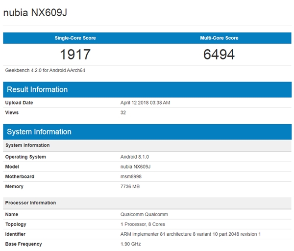 努比亚红魔游戏手机现身GeekBench：骁龙835+8G内存