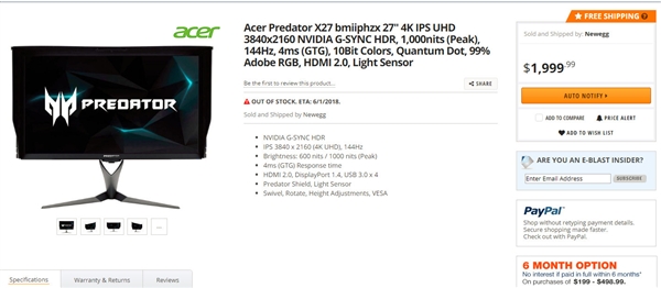 12753元！宏碁Predator X27旗舰电竞显示器开卖：4K 144Hz