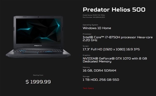 宏碁发布Predator Helios 500游戏本：首上AMD Vega 56显卡