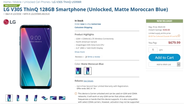 不到一个月降幅1K6：LG V30s北美新价约合4350元