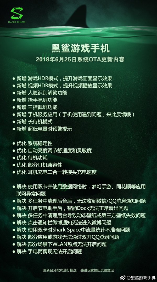 <a href='http://www.blackshark.com/cn/' target='_blank'><u>黑鲨</u></a>游戏手机获更新：新增人脸识别解锁