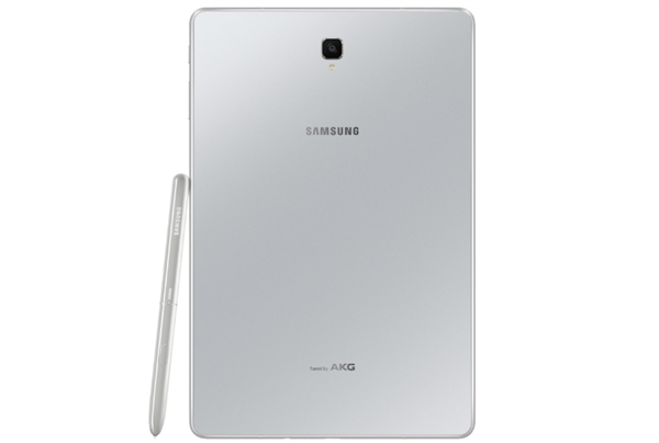 <a href='https://www.samsung.com/cn/' target='_blank'><u>三星</u></a>Galaxy Tab S4银色外观：背部AKG标志