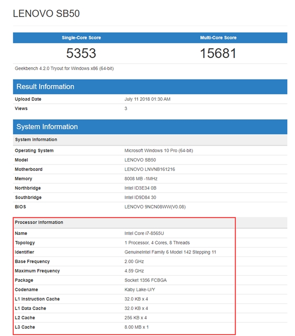 Intel 14nm i7-8565U现身：15W低功耗能跑4.6GHz