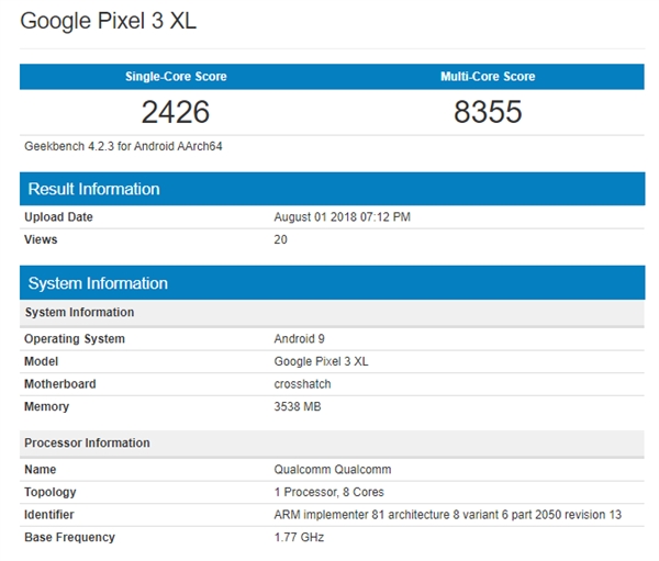 谷歌Pixel 3 XL现身Geekbench：骁龙845/4GB RAM