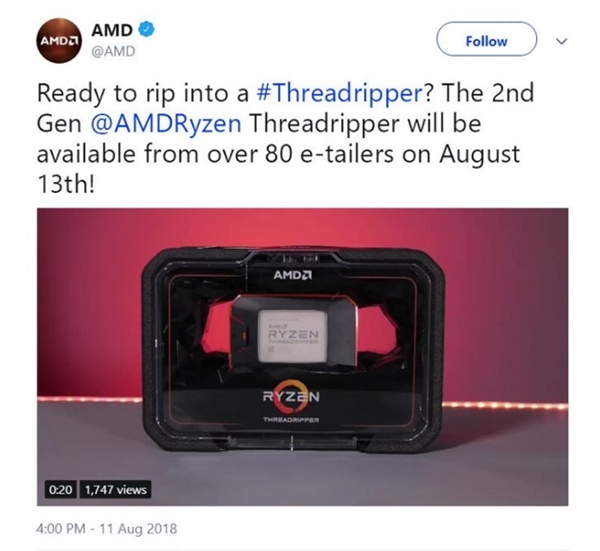 AMD 32核64线程撕裂者开卖时间宣布：8月13日