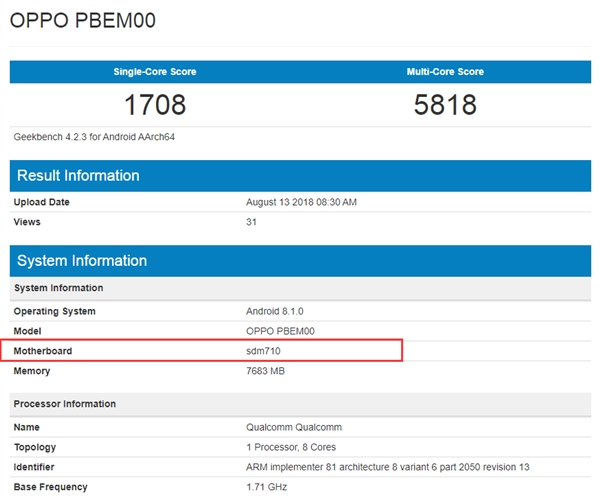 OPPO新机现身GeekBench：骁龙710+8G内存