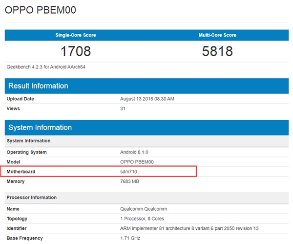 OPPO新机现身GeekBench：骁龙710+8G内存