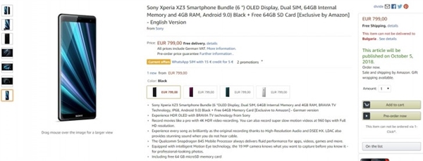 <a href='https://www.sony.com.cn/' target='_blank'><u>索尼</u></a>Xperia XZ3在欧洲开启预订：799欧元