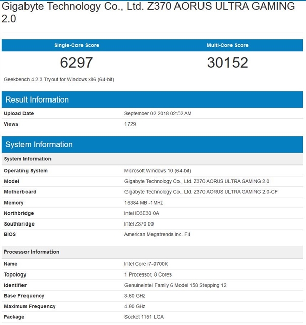 Intel i7-9700K性能跑分曝光：同代提升约12%