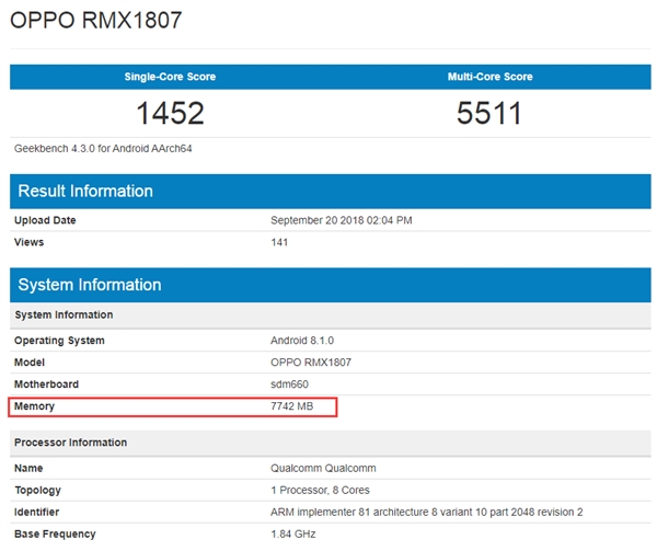 OPPO Realme 2 Pro现身GeekBench：骁龙660+8G内存