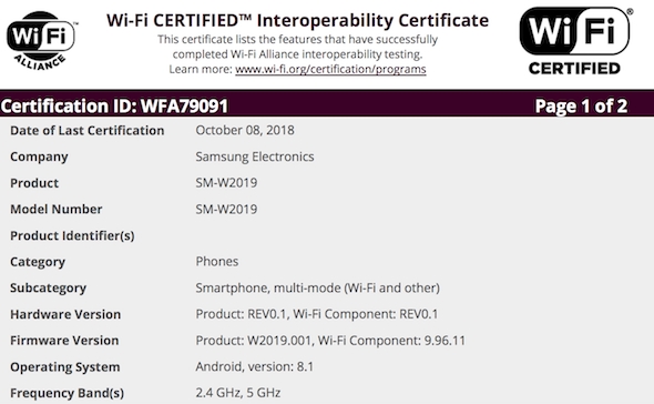 <a href='https://www.samsung.com/cn/' target='_blank'><u>三星</u></a>W2019通过Wi-Fi认证：搭载Android 8.1系统