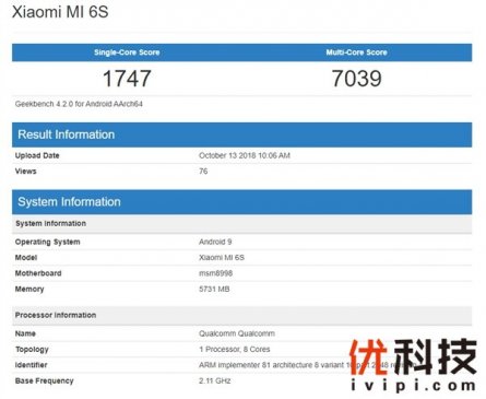 小米6S意外现身：骁龙835+6GB内存、安卓9.0