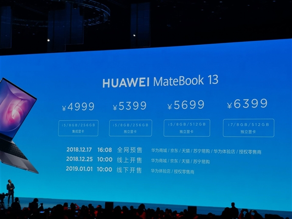华为发布MateBook 13全面屏轻薄本：最新低功耗i7 顶配6399元