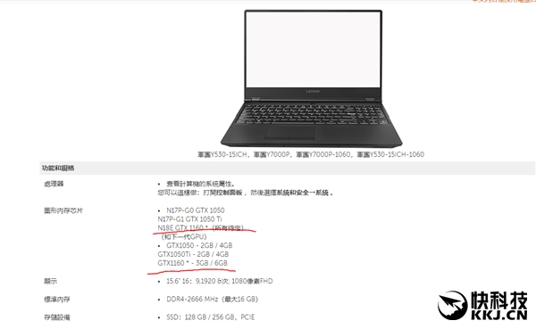 <a href='https://www.lenovo.com.cn/' target='_blank'><u>联想</u></a>笔记本出现GTX 1160配置选项：最高6GB显存