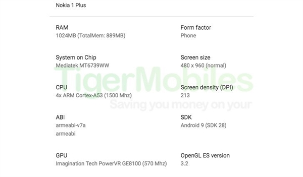 运行Android Go！诺基亚Nokia 1 Plus泄露