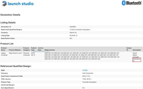 红米14寸笔记本电脑首曝：已通过蓝牙5.0认证、搭载Intel处理器