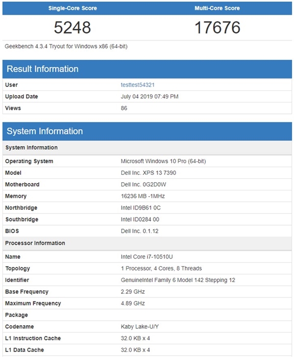 十代酷睿加持 戴尔新款XPS 13现身跑分