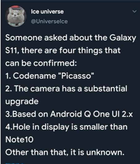 外国网友于推特上曝光 三星Galaxy S11：Picasso