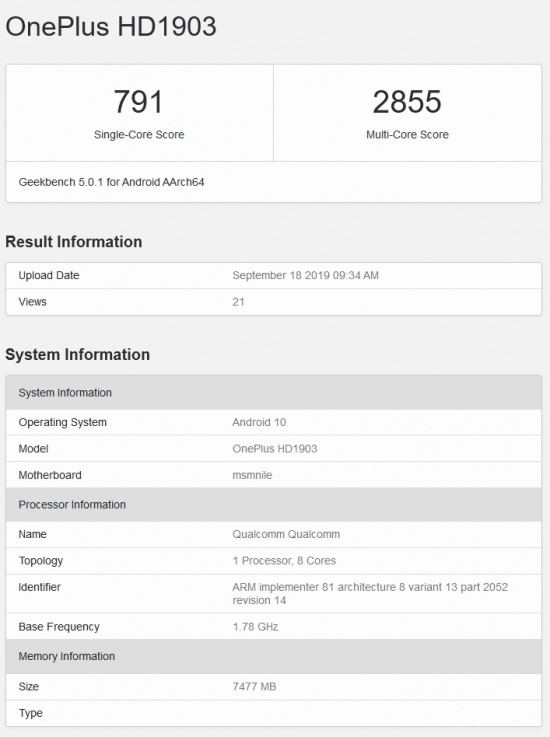 <a href='https://www.oneplus.com/cn' target='_blank'><u>一加</u></a>7T现身GeekBench 5跑分库：骁龙855 Plus+8G、预装Android 10