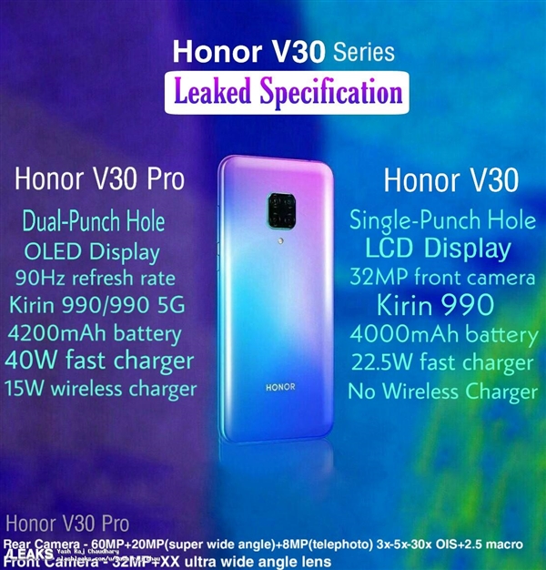 荣耀V30 Pro配置曝光：正面双盲孔、90Hz OLED屏