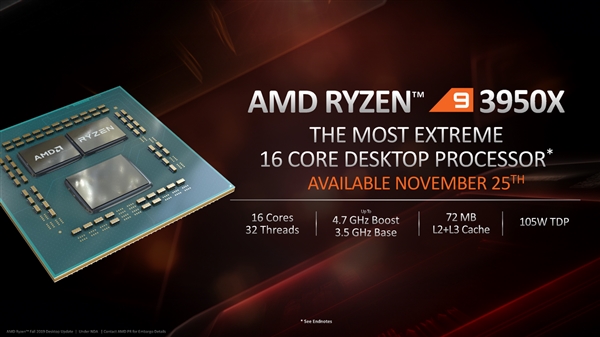 5749元！AMD 16核心32线程锐龙9 3950X 25日上市