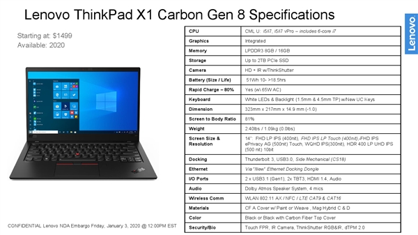 联想发布8代ThinkPad X1 Carbon和5代X1 Yoga：10代酷睿、新Fn键、支持WiFi6