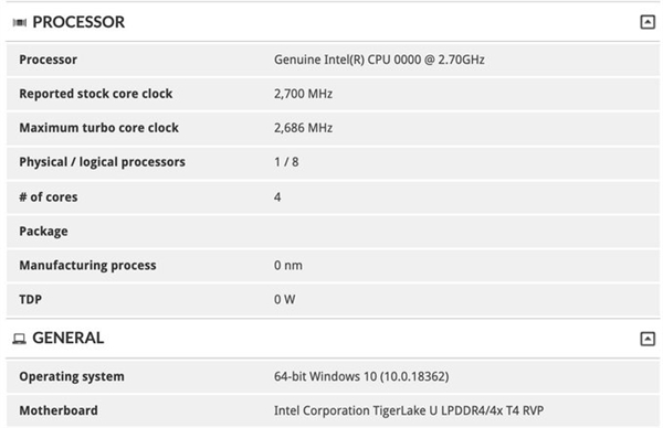 Intel 10nm+ Tiger Lake规格首曝：基准频率翻番达2.7GHz