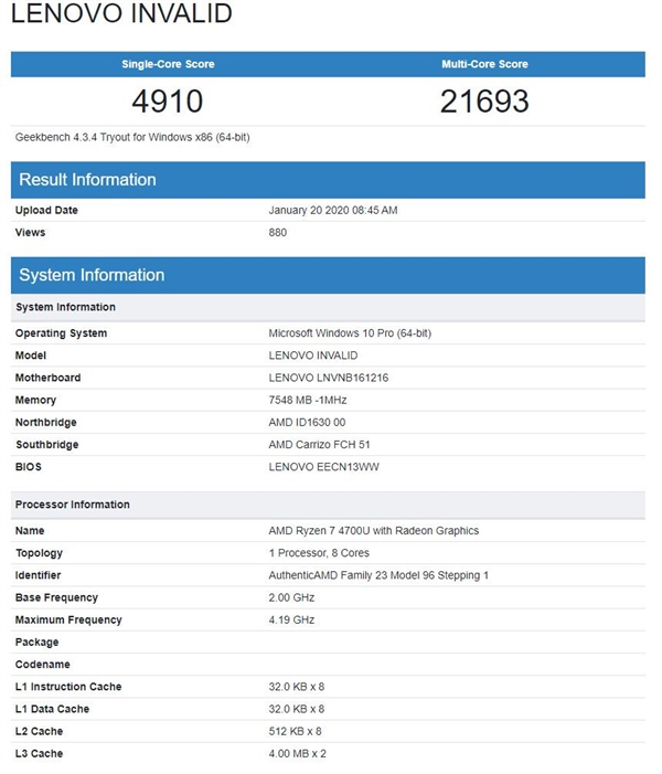 锐龙7 4800U跑分曝光：力压十代酷睿i7-1065G7