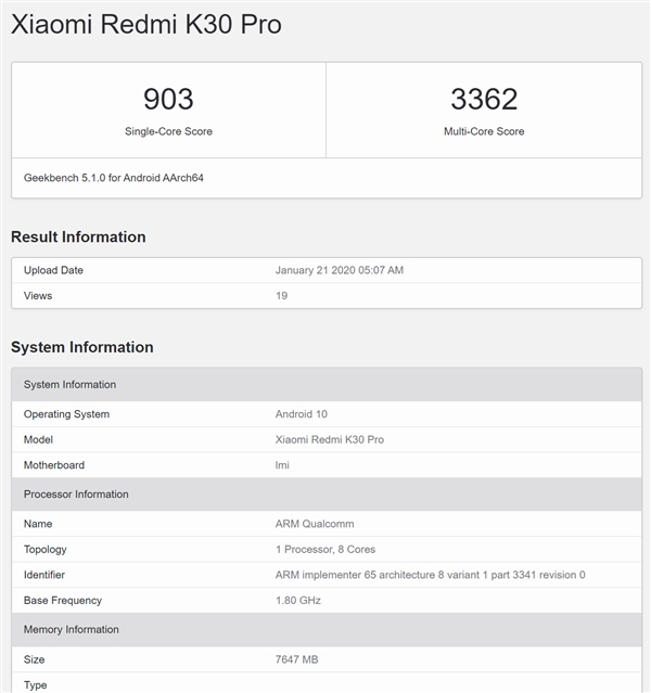 骁龙865加持/极致性价比 Redmi K30 Pro现身GeekBench