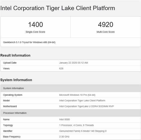 神秘Tiger Lake新U GeekBench跑分曝光：单核1400 打平3950X