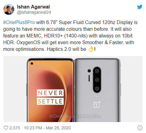 <a href='https://www.oneplus.com/cn' target='_blank'><u>一加</u></a>8 Pro配6.78寸10位面板：2K 120Hz、1400尼特、支持运动补偿