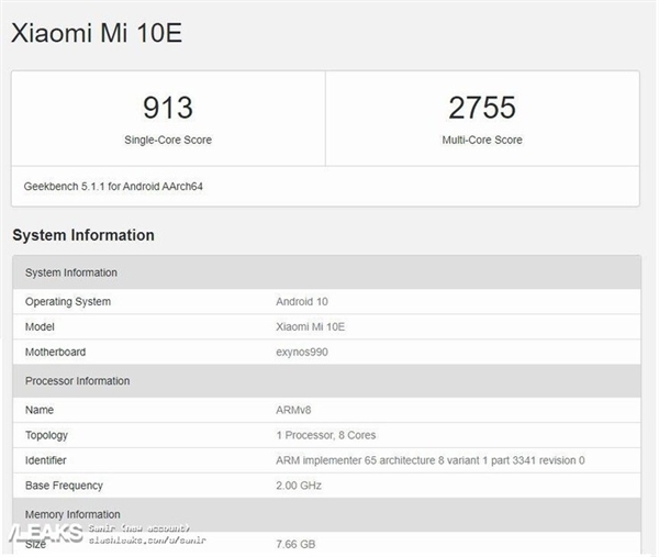 <a href='http://www.mi.com/' target='_blank'><u>小米</u></a>10e跑分曝光：Exynos 990加持？