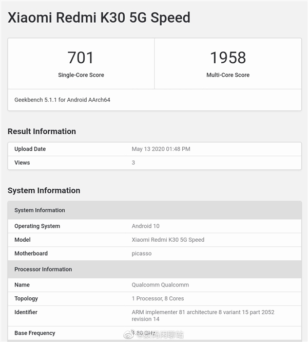 Redmi Note系列新机曝光:首发天玑820 多核跑分超骁龙768G