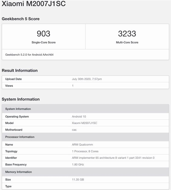 “超大杯”小米10 Pro+现身GeekBench：骁龙865+12G内存