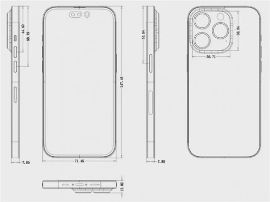 iPhone 14 Pro详细尺寸图曝光：比前代更厚、感叹号挖孔面积巨大