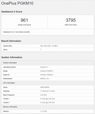 12GB内存！一加首款天玑8100新机现身GeekBench