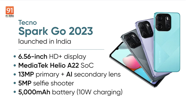 传音低端手机Tecno Spark Go 2023发布：3GB RAM、5000毫安时电池配10W充电