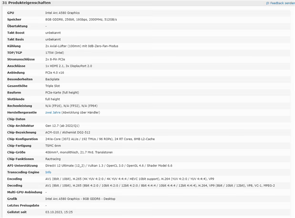 Intel Arc A580显卡终亮相：256bit显存 频率可达2000MHz