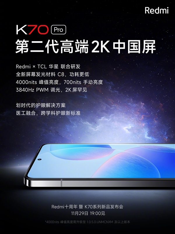 史上最强！Redmi K70 Pro搭载高端2K中国屏：2K/3840Hz调光、4000nits峰值亮度