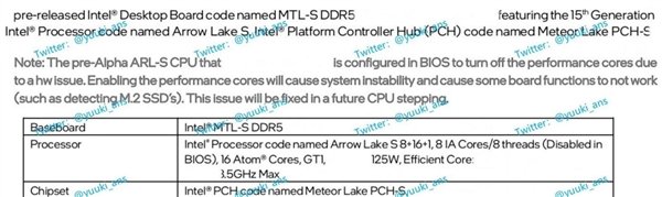 英特尔Arrow Lake-S台式机CPU规格曝光
