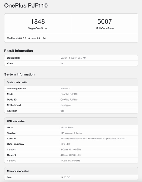 <a href='https://www.oneplus.com/cn' target='_blank'><u>一加</u></a>Ace 3V现身Geekbench平台：全球首发骁龙7+ Gen3